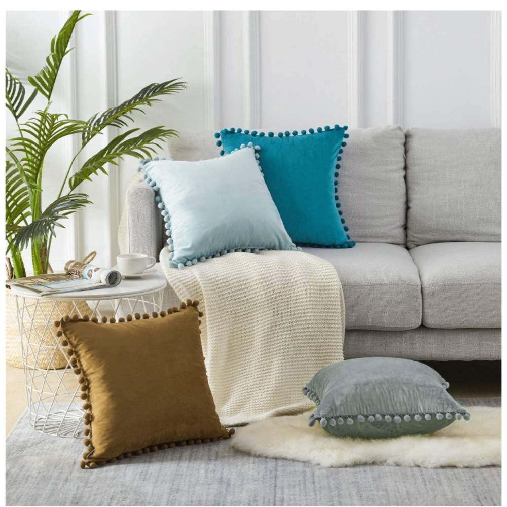Trendy Light Blue Modern Cute Velvet Pompom Throw Pillow Decorative Cover Set - Picture 5 of 16